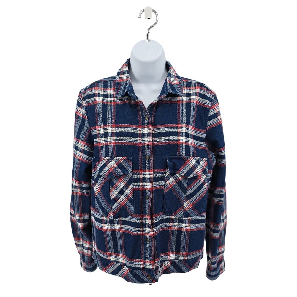 Zara Woman Blue Red Plaid Button Up Shacket Womens M Flannel Long Sleeve Cotton